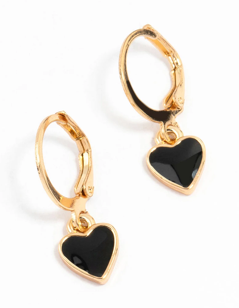 Gold Drop Heart Huggie Earrings Black