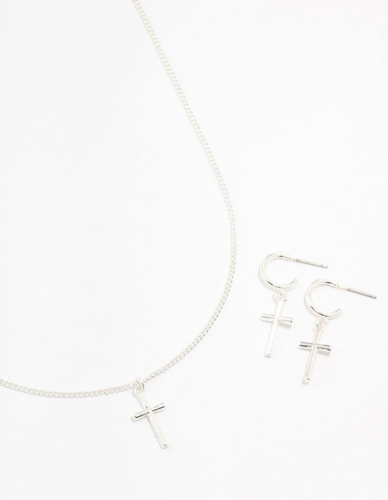 Sleek Silver Cross Necklace & Earring Set