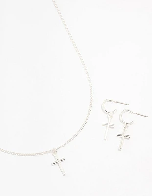 Sleek Silver Cross Necklace & Earring Set