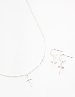 Sleek Silver Cross Necklace & Earring Set