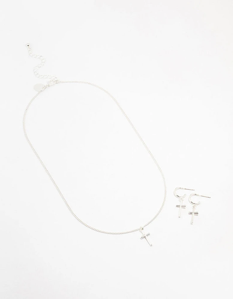 Sleek Silver Cross Necklace & Earring Set