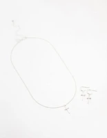 Sleek Silver Cross Necklace & Earring Set