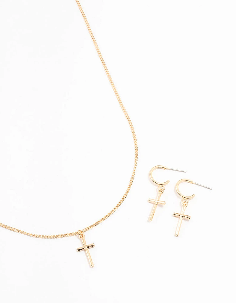 Sleek Gold Cross Necklace & Earring Set