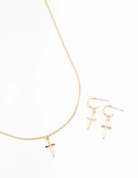 Sleek Gold Cross Necklace & Earring Set