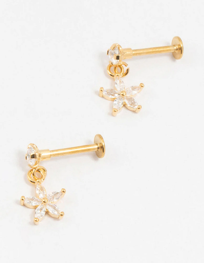 Gold Plated Surgical Steel Flower Drop Flatbacks 2-Pack