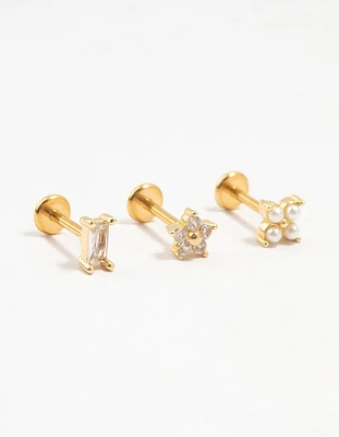 Gold Plated Surgical Steel Flower & Baguette Flat Backs 3-Pack