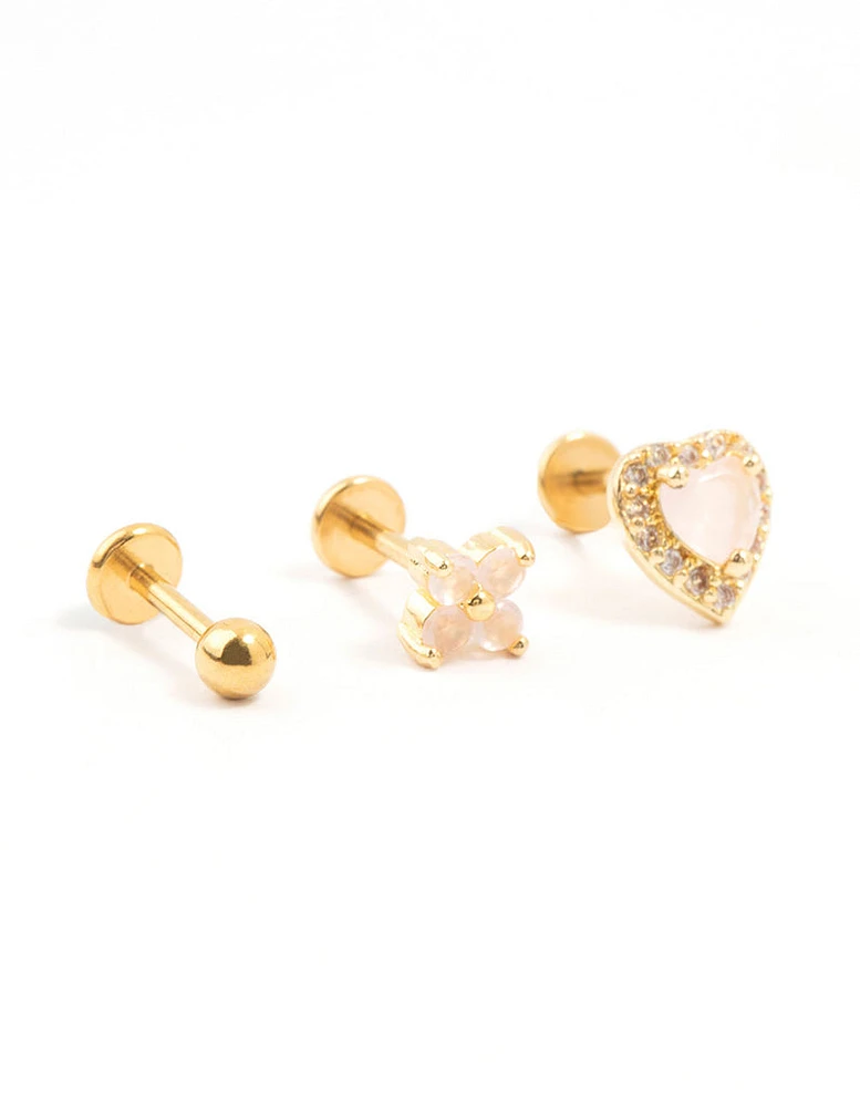 Gold Plated Surgical Steel Heart and Flower Flat Backs 3-Pack