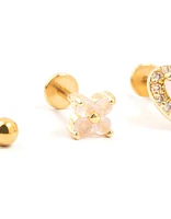 Gold Plated Surgical Steel Heart and Flower Flat Backs 3-Pack