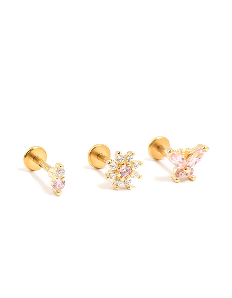 Gold Plated Surgical Steel Butterfly & Flower Flatbacks 3-Pack