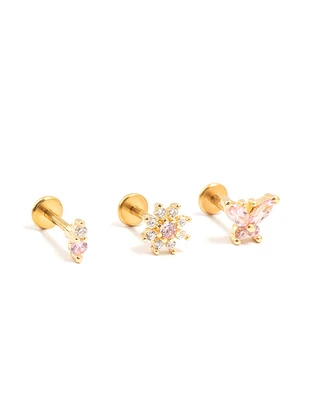 Gold Plated Surgical Steel Butterfly & Flower Flat Backs 3-Pack