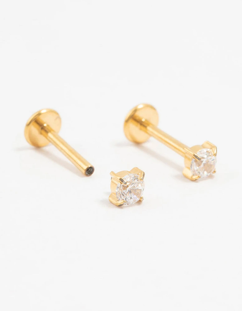 Gold Plated Titanium Cubic Zirconia Stud Flat Backs 2-Pack