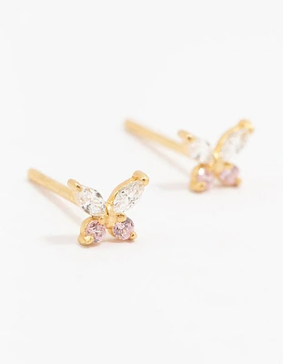 Gold Plated Sterling Silver Cubic Zirconia Butterfly Stud Earrings