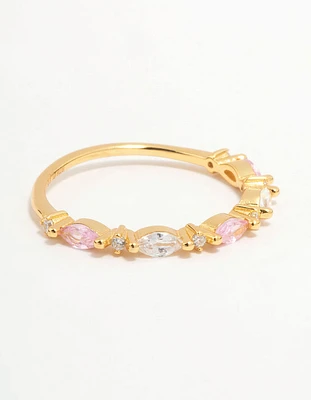 Gold Plated Sterling Silver Alternating Marquise Round Cubic Zirconia Ring