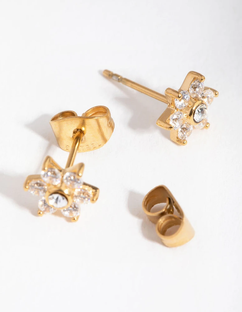 Gold Plated Surgical Steel Cubic Zirconia Flower Stud Earrings