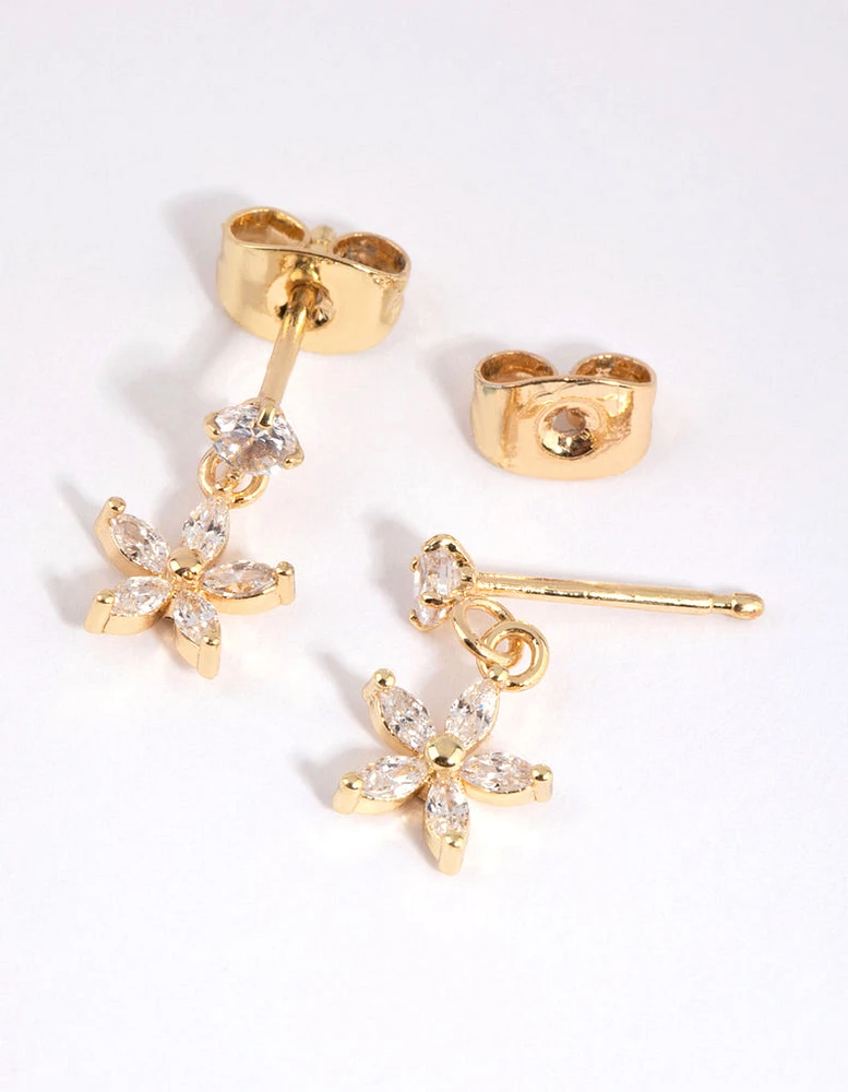 Gold Plated Surgical Steel Cubic Zirconia Flower Drop Stud Earrings