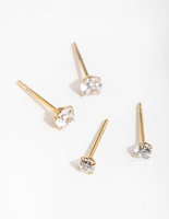 Gold Plated Surgical Steel Graduating Cubic Zirconia Stud Earrings 2-Pack