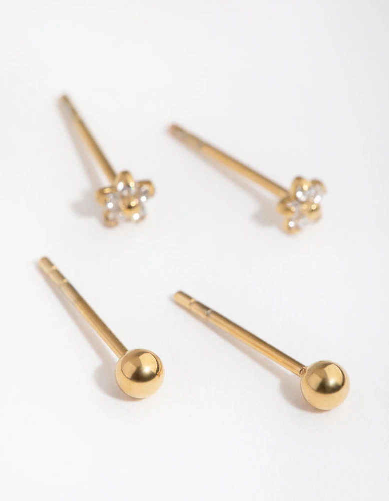 Gold Plated Surgical Steel Ball & Flower Stud Earrings 2-Pack