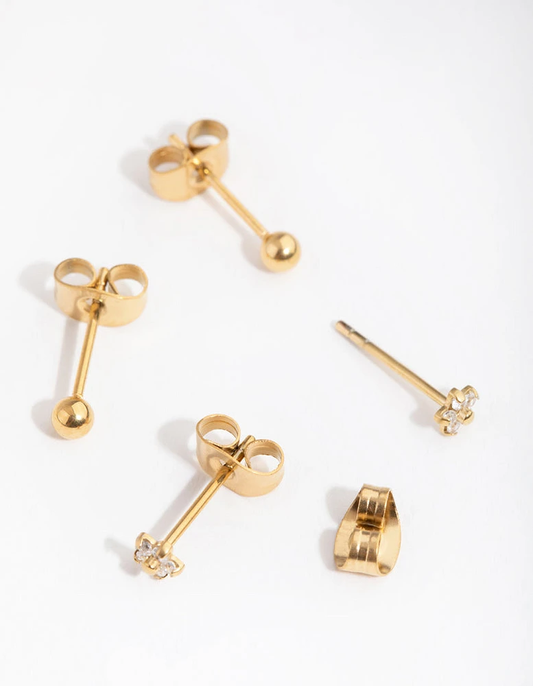 Gold Plated Surgical Steel Ball & Flower Stud Earrings 2-Pack