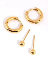 Gold Plated Surgical Steel Plain Stud & Huggie Hoop Earrings 2-Pack