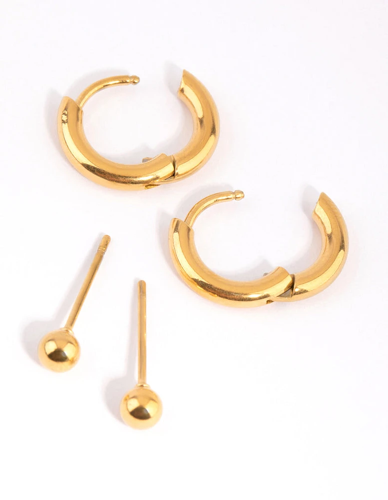 Gold Plated Surgical Steel Plain Stud & Huggie Hoop Earrings 2-Pack