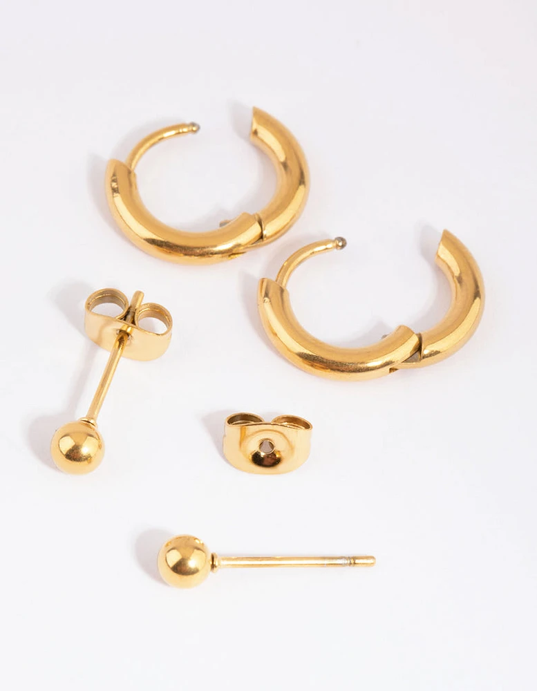 Gold Plated Surgical Steel Plain Stud & Huggie Hoop Earrings 2-Pack