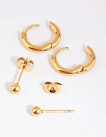 Gold Plated Surgical Steel Plain Stud & Huggie Hoop Earrings 2-Pack