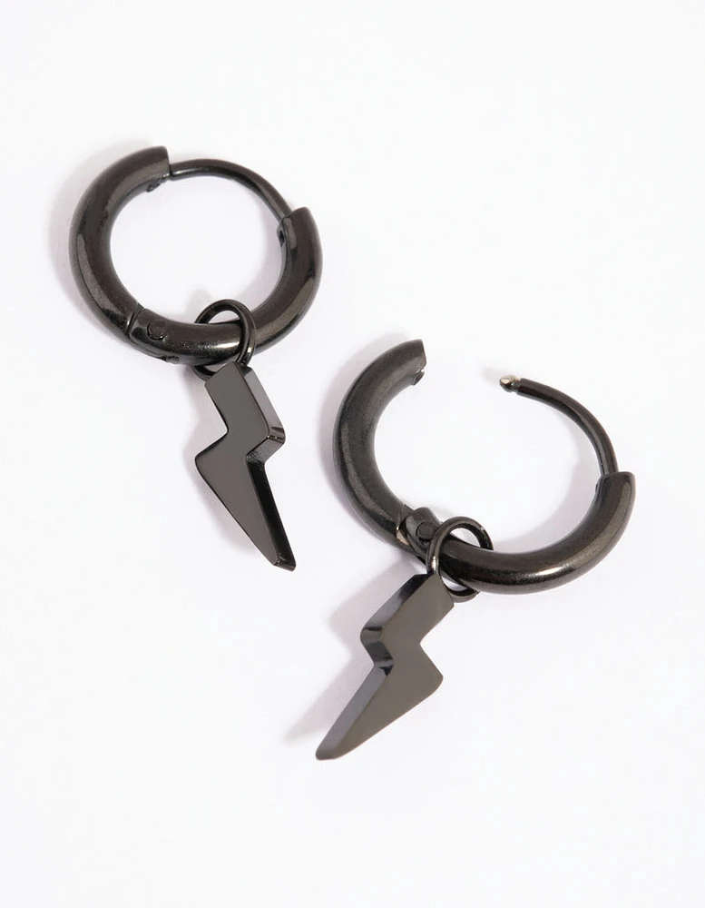 Black Coated Surgical Steel Lightning Bolt Huggie Hoop Earrings