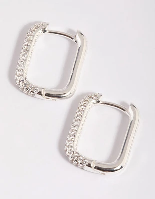 Silver Plated  Cubic Zirconia Pave Rectangle Hoop Earrings