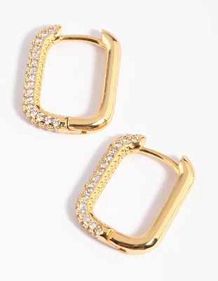 Gold Cubic Zirconia Pave Rectangle Hoop Earrings