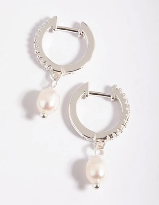 Silver Cubic Zirconia Simple Pearl Huggie Earrings