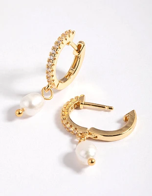 Gold Cubic Zirconia Simple Pearl Huggie Earrings