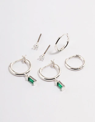 Silver Cubic Zirconia Green Baguette Huggie Earrings 6-Pack