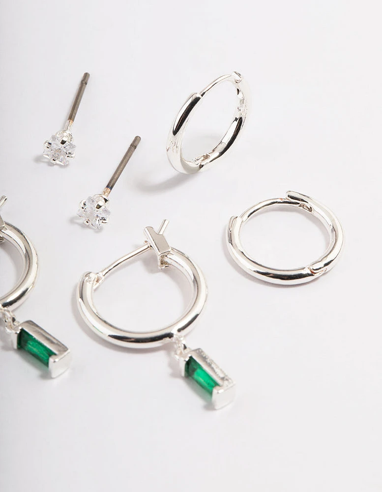 Silver Plated  Cubic Zirconia Green Baguette Huggie Earrings 6-Pack