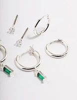 Silver Plated  Cubic Zirconia Green Baguette Huggie Earrings 6-Pack