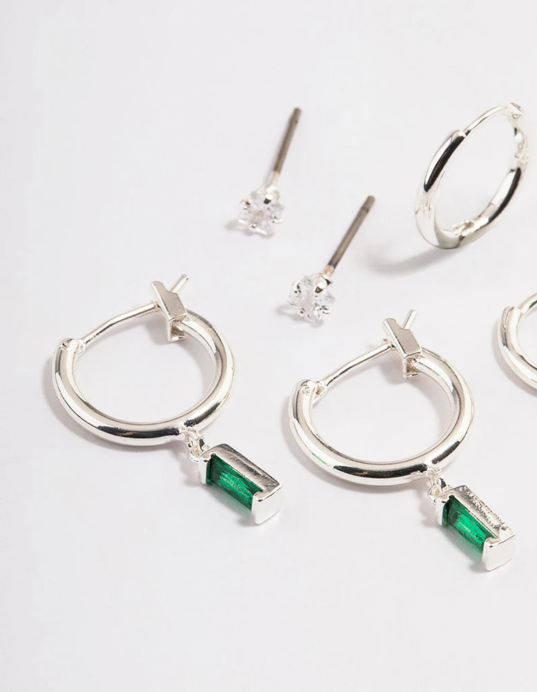 Silver Plated  Cubic Zirconia Green Baguette Huggie Earrings 6-Pack