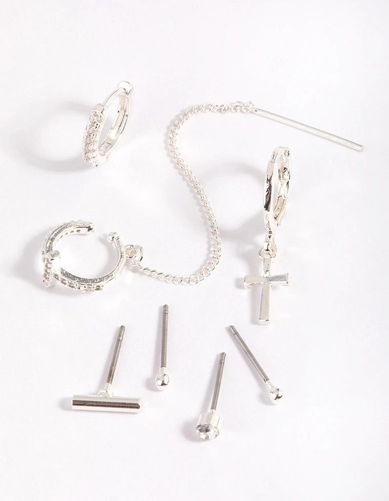 Silver Chain Cross Earrings 8-Pack