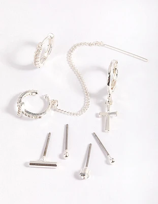 Silver Plated Chain Cross Earrings 8-Pack