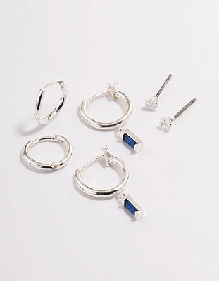 Silver Cubic Zirconia Sapphire Huggie Earrings 6-Pack