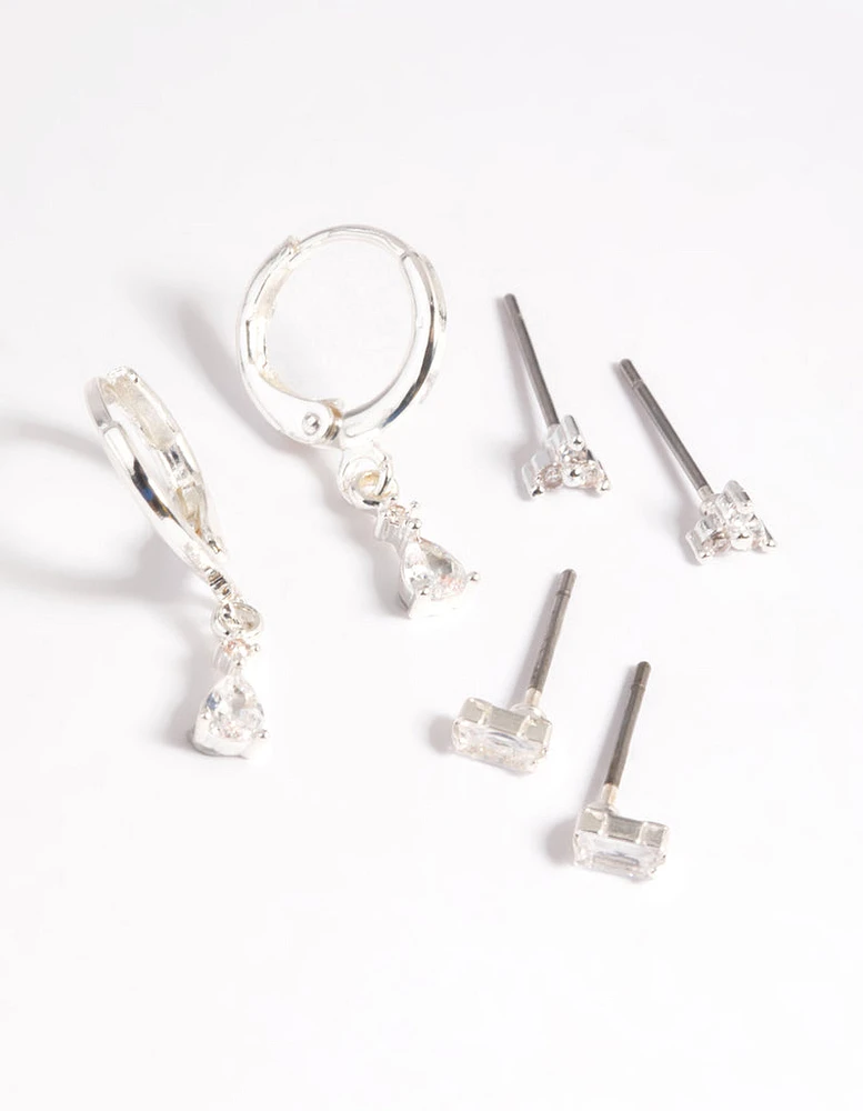 Silver Plated Crystal Pear Huggie Earrings 6-Pack