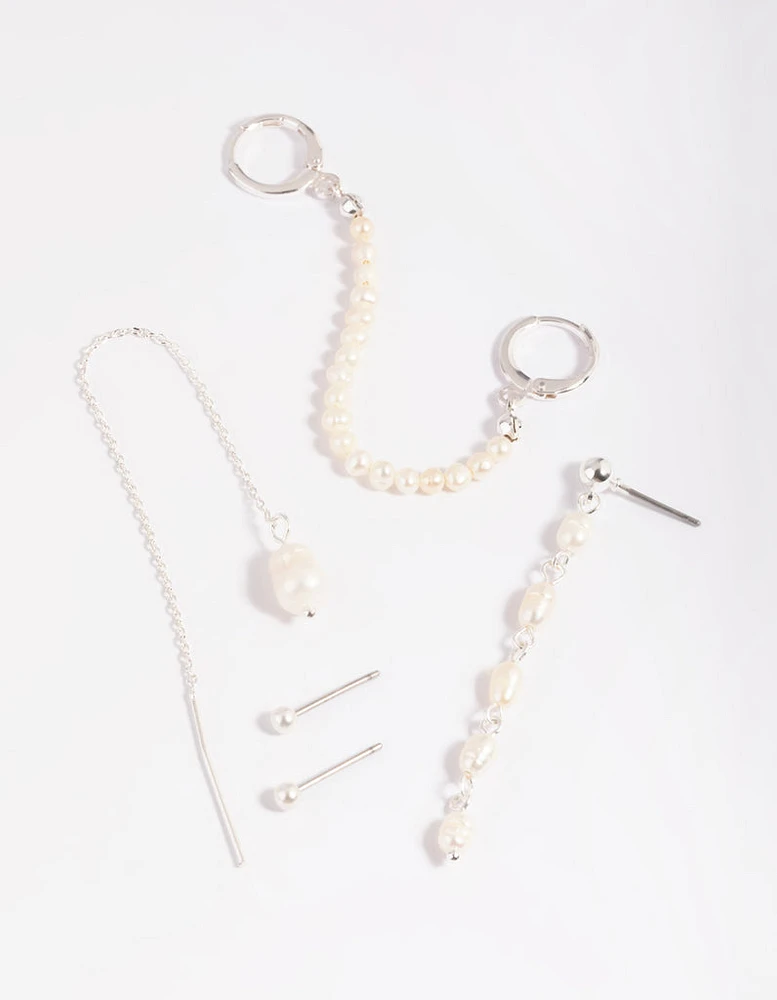 Silver Pearl Chains Earrings 6-Pack