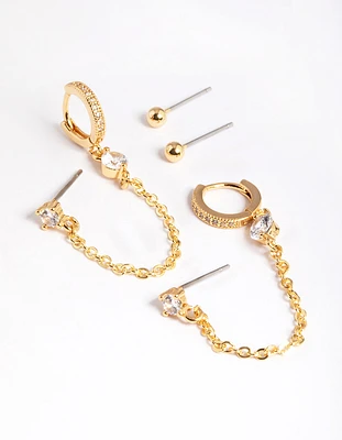 Gold Cubic Zirconia Pave Huggie Chain Earrings 6-Pack