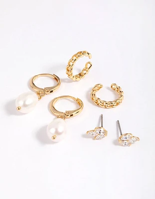 Gold Flat Pearl Huggie Earrings 6-Pack