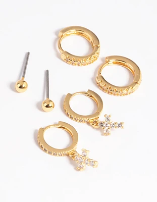 Gold Cubic Zirconia Pave Cross Earrings 6-Pack