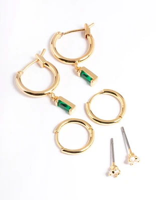 Gold Cubic Zirconia Green Baguette Huggie Earrings 6-Pack