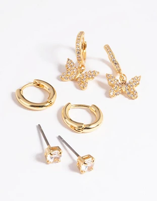 Gold Plated Cubic Zirconia Pave Butterfly Earrings 6-Pack