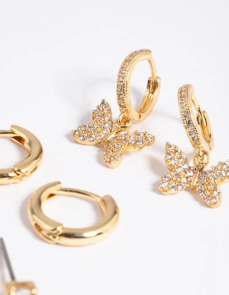 Gold Plated Cubic Zirconia Pave Butterfly Earrings 6-Pack