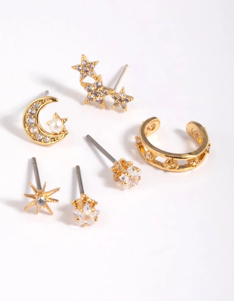 Gold Cubic Zirconia Celestial Stud Earrings 6-Pack