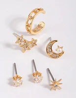 Gold Cubic Zirconia Celestial Stud Earrings 6-Pack