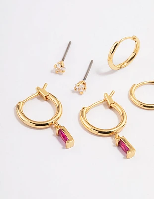 Gold Cubic Zirconia Fuchsia  Huggie Hoop Earrings 6-Pack