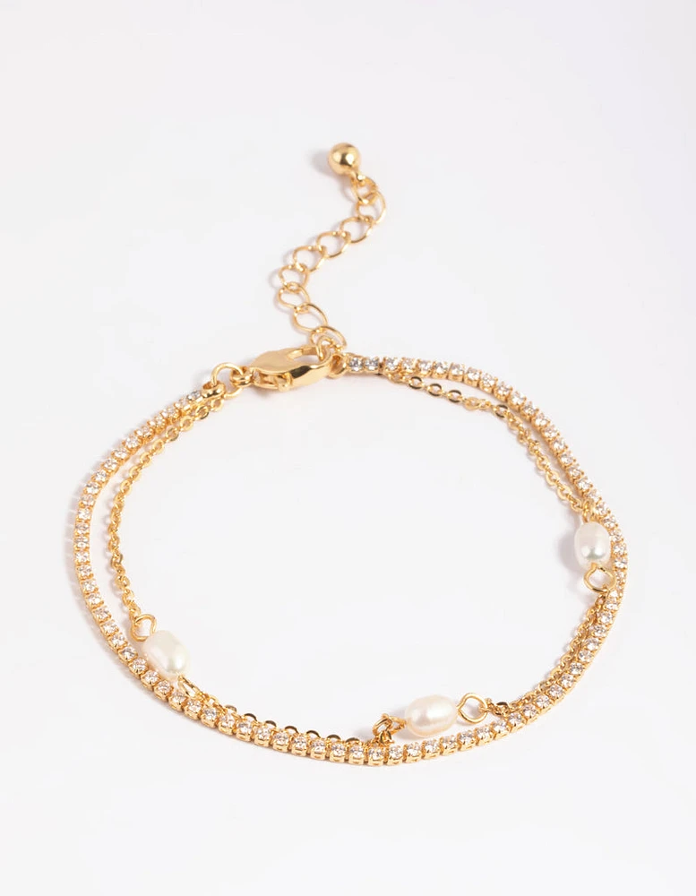 Gold Plated Cubic Zirconia Cupchain & Pearl Bracelets 2-Pack